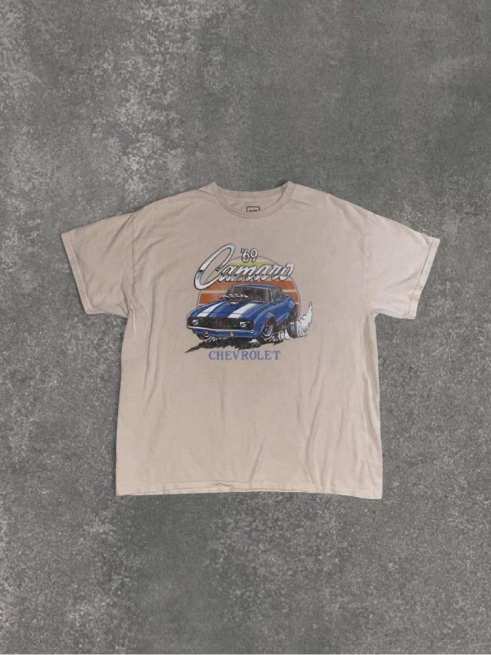 '69 Camaro Graphic Tee - Cream with Blue Car Print